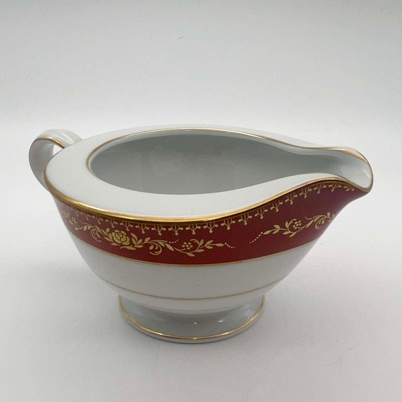 Noritake Goldhill 6613 Gravy Boat w Underplate Red Gold Trim Japan EUC